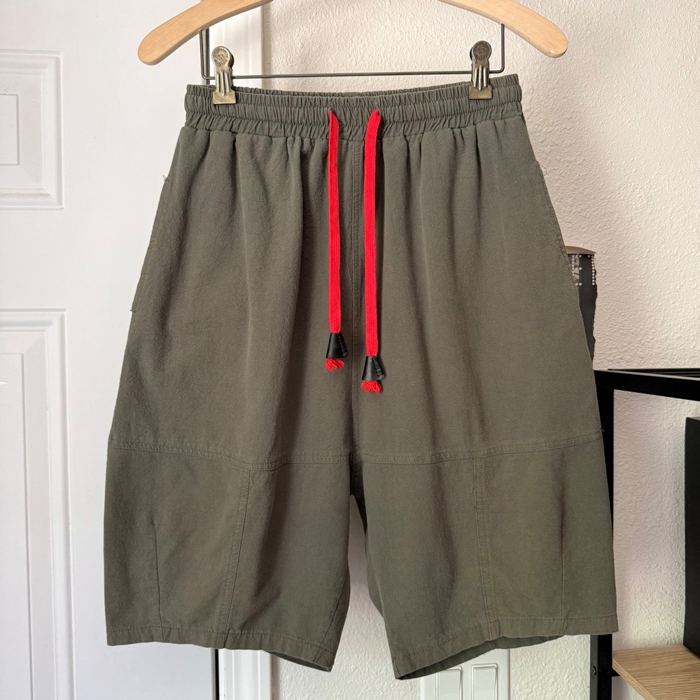 KIDORIMAN olive army green contrast drawstring pull on drop crotch harem shorts